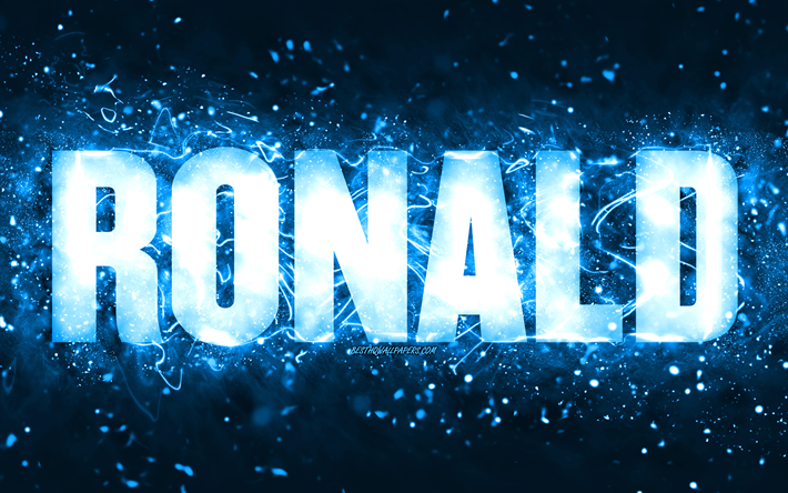 Buon Compleanno Ronald, 4k, luci al neon blu, nome Ronald, creativo, Ronald Buon Compleanno, Ronald Compleanno, famosi nomi maschili americani, foto con nome Ronald, Ronald
