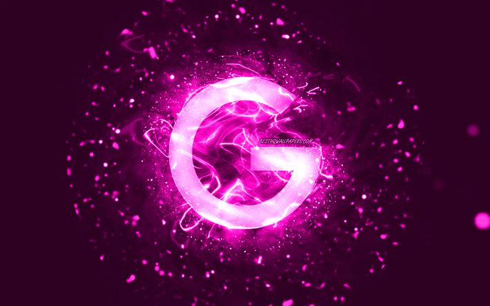 Google purple logo, 4k, purple neon lights, creative, purple abstract background, Google logo, brands, Google