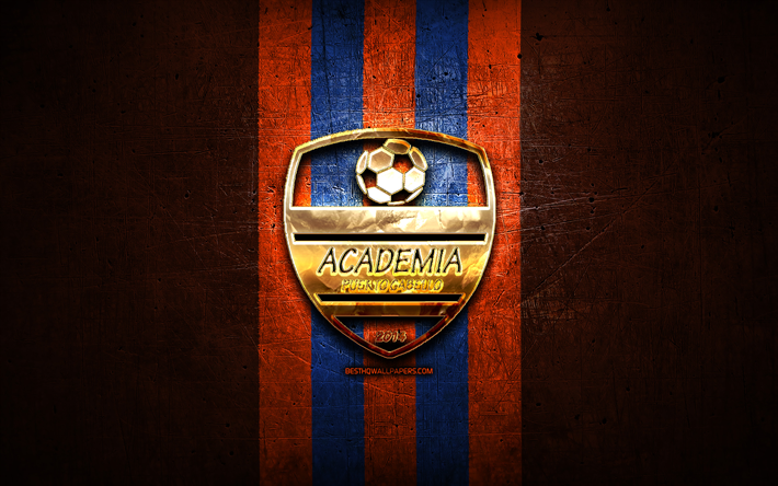 Academia Puerto Cabello FC, kultainen logo, La Liga FutVe, oranssi metallitausta, jalkapallo, Venezuelan jalkapalloseura, Academia Puerto Cabello -logo, Venezuelan Primera Division, Academia Puerto Cabello