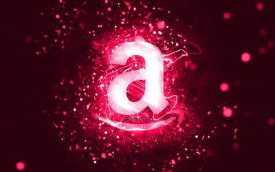 Logotipo rosa da Amazon, 4k, luzes de n&#233;on rosa, criativo, fundo abstrato rosa, logotipo da Amazon, marcas, Amazon