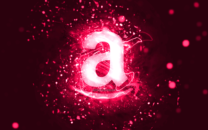Amazon pink logo, 4k, pink neon lights, creative, pink abstract background, Amazon logo, brands, Amazon