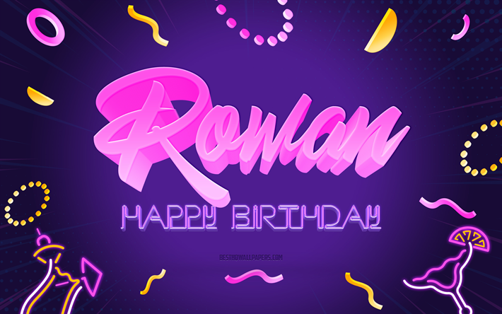 Joyeux anniversaire Rowan, 4k, Fond de f&#234;te violet, Rowan, art cr&#233;atif, Nom de Rowan, Anniversaire de Rowan, Fond de f&#234;te d&#39;anniversaire