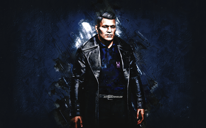 Aaron McCarlson, Cyberpunk 2077, blue stone background, Cyberpunk 2077 Characters, Aaron McCarlson Cyberpunk, Aaron McCarlson character