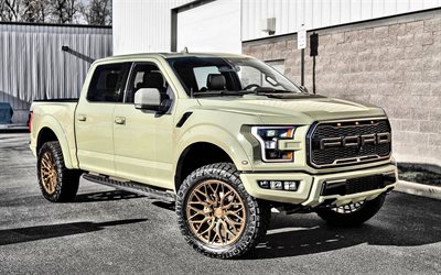 Ford F-150 Raptor, 2021, front view, exterior, yellow F-150 Raptor, tuning F-150 Raptor, American cars, Ford