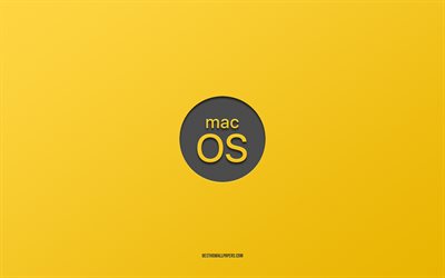 Logotipo amarelo do MacOS, 4k, minimalista, fundo amarelo, mac, OS, logotipo do macOS, emblema do macOS