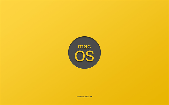 macos gelbes logo, 4k, minimalistisch, gelber hintergrund, mac, os, macos-logo, macos-emblem