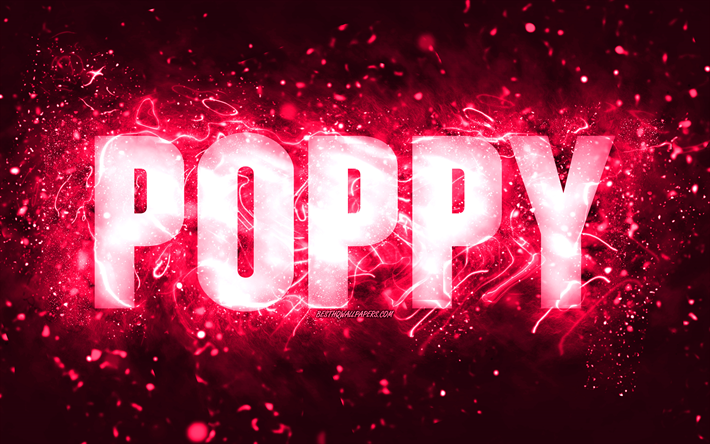 happy birthday poppy, 4k, rosa neonlichter, poppy name, kreativ, poppy happy birthday, poppy birthday, beliebte amerikanische weibliche namen, bild mit poppy namen, poppy