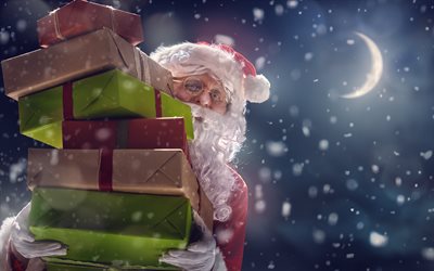 Papai Noel com presentes, noite de Natal, Papai Noel, caixas com presentes, Ano Novo, Feliz Natal