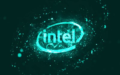 Intel turkos logotyp, 4k, turkos neonljus, kreativ, turkos abstrakt bakgrund, Intel logotyp, varum&#228;rken, Intel