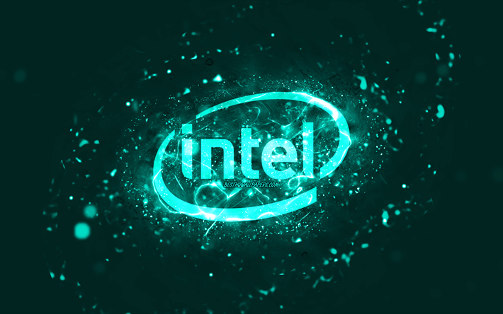 Intel turquoise logo, 4k, turquoise neon lights, creative, turquoise abstract background, Intel logo, brands, Intel
