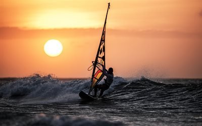 surfing, waves, sunset, sea, extreme sports
