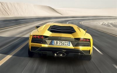 Lamborghini Aventador S, 2017, vue de l&#39;arri&#232;re, la route, la vitesse, jaune Aventador