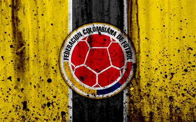Colombia national football team, 4k, emblem, grunge, Europe, football, stone texture, soccer, Colombia, logo, South American national teams