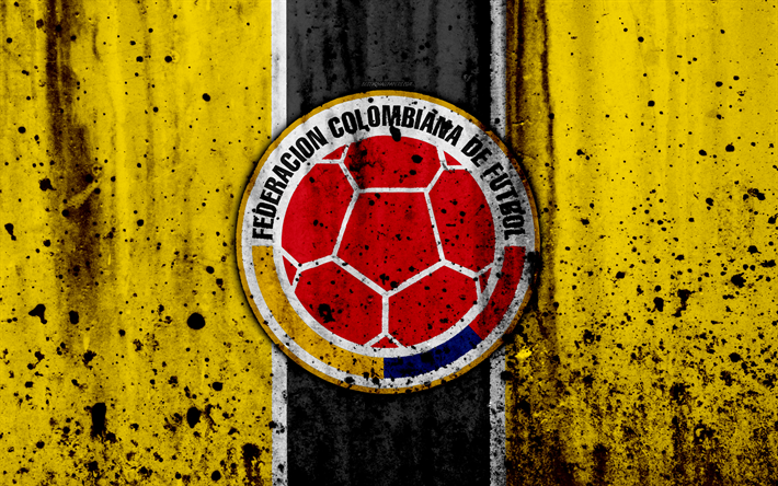 Colombia landslaget, 4k, emblem, grunge, Europa, fotboll, sten struktur, Colombia, logotyp, South American national team