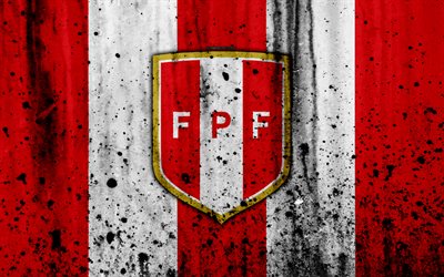 Peru national football team, 4k, emblem, grunge, South America, football, stone texture, soccer, Peru, logo, South American national teams