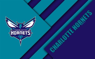 Charlotte Hornets, 4k, logo, materiaali suunnittelu, American basketball club, sininen abstraktio, NBA, Charlotte, Pohjois-Carolina, USA, koripallo