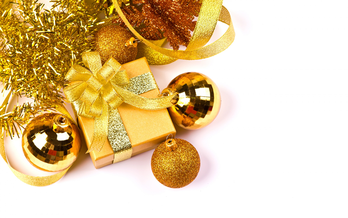 Ano Novo, ouro bolas de natal, Natal, decora&#231;&#245;es, presentes