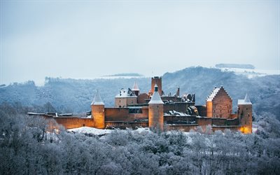 4k, Bourscheid Castle, kış, orman, L&#252;ksemburg, Avrupa