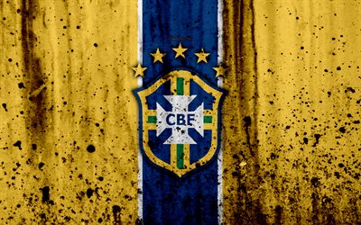 Brazil national football team, 4k, emblem, grunge, South America, football, stone texture, soccer, Brazil, logo, South American national teams