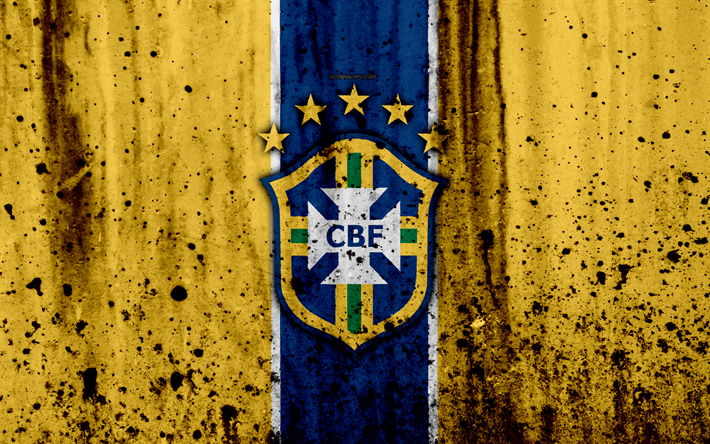 Brasiliens herrlandslag i fotboll, 4k, emblem, grunge, Sydamerika, fotboll, sten struktur, Brasilien, logotyp, South American national team