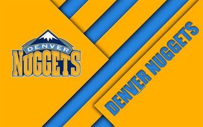 Denver Nuggets, 4k, logo, materiaali suunnittelu, American basketball club, keltainen sininen abstraktio, NBA, Denver, Colorado, USA, koripallo