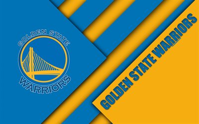 Golden State Warriors, 4k, logotyp, gul bl&#229; abstraktion, material och design, Amerikansk basket club, NBA, Oakland, Kalifornien, USA, basket