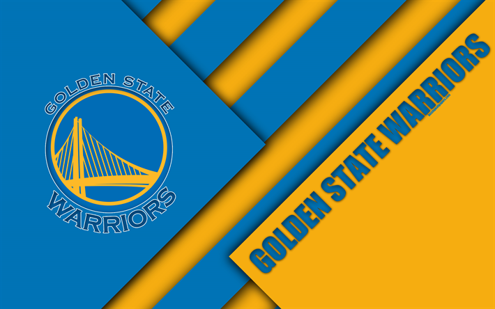 Golden State Warriors, 4k, logotipo, amarillo, azul, abstracci&#243;n, dise&#241;o de materiales, American club de baloncesto, la NBA, de Oakland, California, estados UNIDOS, baloncesto