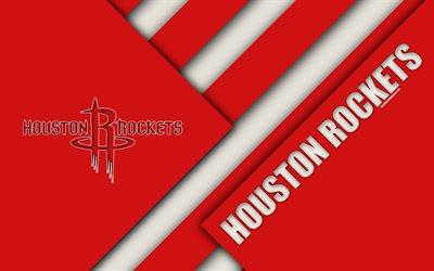 Houston Rockets, 4k, logo, materiaali suunnittelu, American Basketball Club, abstraktio, punainen, NBA, Houston, Texas, USA, koripallo