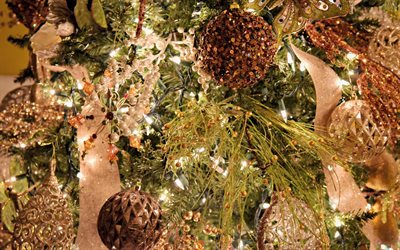 Ano Novo, 2018, lanternas, decora&#231;&#245;es, Natal bolas marrons