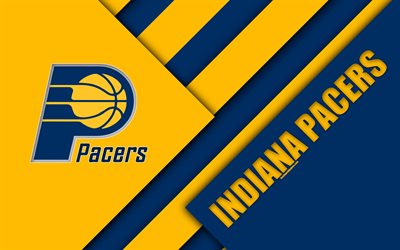 Indiana Pacers, NBA, 4k, logotyp, material och design, Amerikansk basket club, bl&#229; gul abstraktion, Indiana, USA, basket