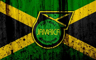 jamaica national football team, 4k, emblem, grunge, nordamerika, fu&#223;ball, stein, textur, jamaica, logo, north american national teams