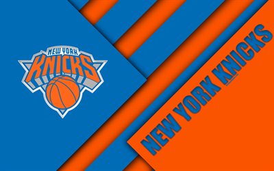 New York Knicks, blu, arancio astrazione, NBA, 4k, logo, design dei materiali, la American basketball club, New York, USA, basket