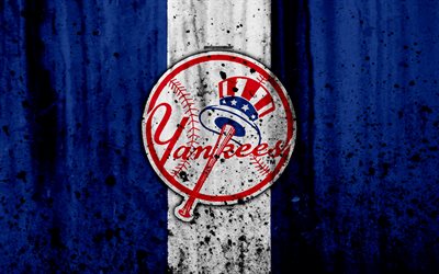New York Yankees, 4k, emblema del club di baseball, MLB, America, USA, Major League di Baseball, pietra, texture, baseball