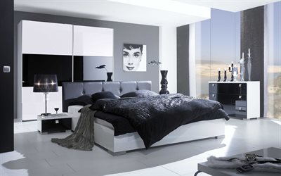 4k, makuuhuone, valkoinen ja musta sisusta, moderni huoneisto, moderni muotoilu, sisustus idea