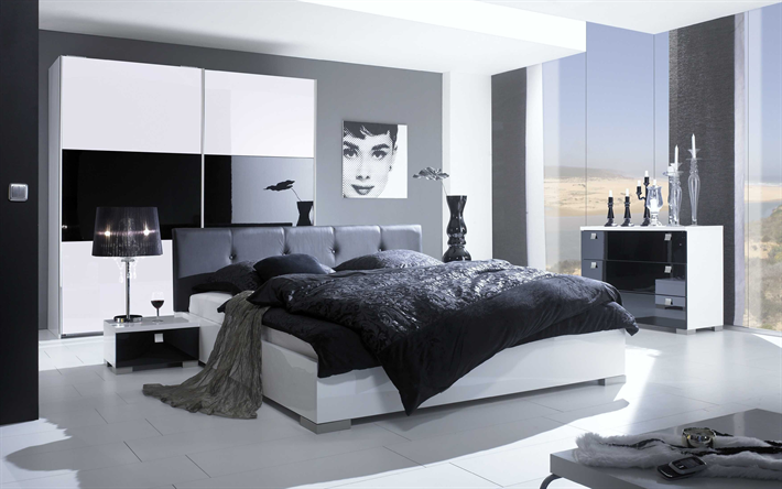 4k, غرفة نوم, أبيض و أسود من الداخل, شقة حديثة, التصميم الحديث, الداخلية الفكرة