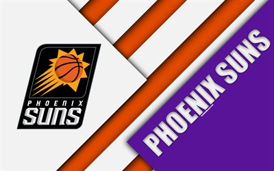 Phoenix Suns, 4k, logo, materiaali suunnittelu, American basketball club, valkoinen violetti abstraktio, NBA, Phoenix, Arizona, USA, koripallo