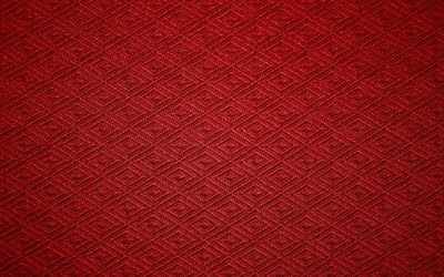生地の質感, 4k, ヴィンテージ, rhombuses, 赤い布