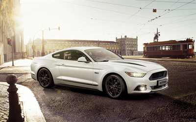 Ford Mustang Gt, 2018, white sports car, American sports car, Ford