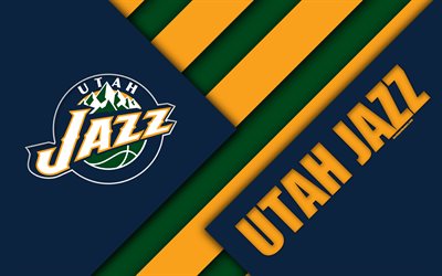 Utah Jazz, 4k, logo, materiaali suunnittelu, American basketball club, sininen keltainen vihre&#228; abstraktio, NBA, Salt Lake City, Utah, USA, koripallo