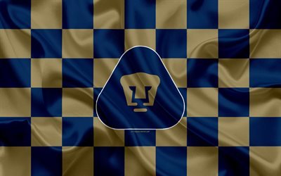 UNAM Pumas, Club Universidad Nacional, 4k, logo, creative art, blue golden checkered flag, Mexican Football club, Primera Division, Liga MX, emblem, silk texture, Mexico City, Mexico, football