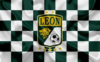 club leon fc -, 4k -, logo -, kunst -, gr&#252;n-wei&#223; karierten flagge, mexikanische fu&#223;ball club, primera division, liga mx, emblem, seide textur, leon, mexiko, fu&#223;ball