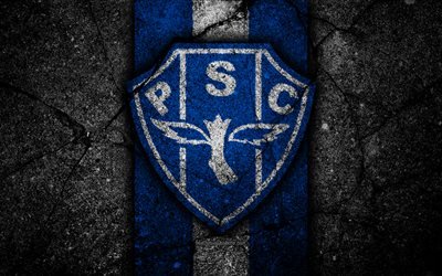 Paysandu FC, 4k, logo, calcio, campionato di Serie B, blu e bianco a righe, il calcio, il Brasile, l&#39;asfalto texture, Paysandu logo, SC Paysandu, Brasiliana di calcio club