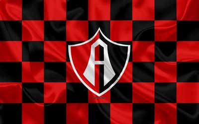 Atlas FC, Club Atlas, 4k, logo, creative art, punainen musta ruudullinen lippu, Meksikon Football club, Primera Division, Liga MX, tunnus, silkki tekstuuri, Guadalajara, Meksiko, jalkapallo