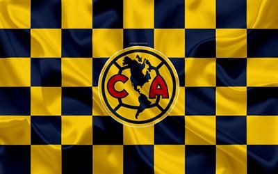 Club America, 4k, logo, art cr&#233;atif, jaune, bleu drapeau &#224; damier, les Mexicains du club de Football de Primera Division, Liga MX, l&#39;embl&#232;me, la texture de la soie, la Ville de Mexico, Mexique, le football