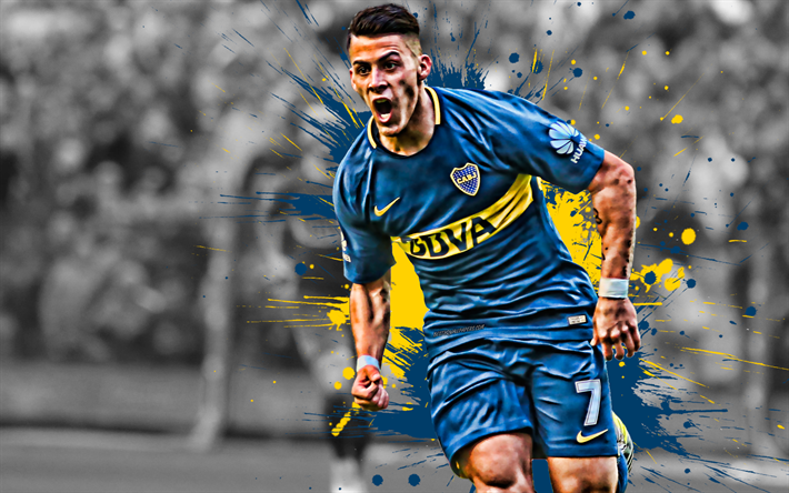 Cristian Pavon, 4k, Argentinian football player, Boca Juniors, striker, blue paint splashes, creative art, Argentina, football