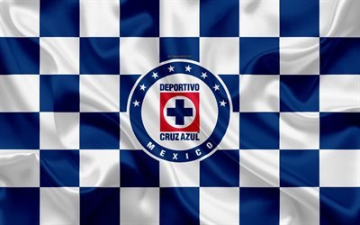 CD Cruz Azul, 4k, logo, creative art, white blue checkered flag, Mexican Football club, Primera Division, Liga MX, emblem, silk texture, Mexico City, Mexico, football, Cruz Azul FC
