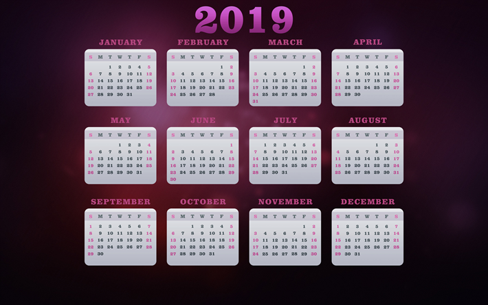 Calendrier 2019, fond mauve, tous les mois de 2019, le Calendrier pour 2019, art cr&#233;atif