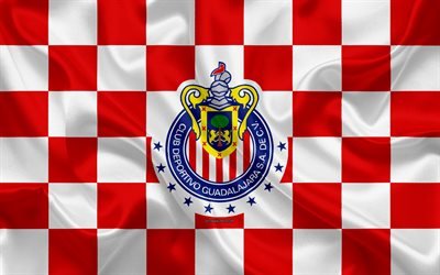 CD Guadalajara, 4k, logo, creative art, white red checkered flag, Mexican Football club, Primera Division, Liga MX, emblem, silk texture, Guadalajara, Mexico, football, Guadalajara Chivas FC