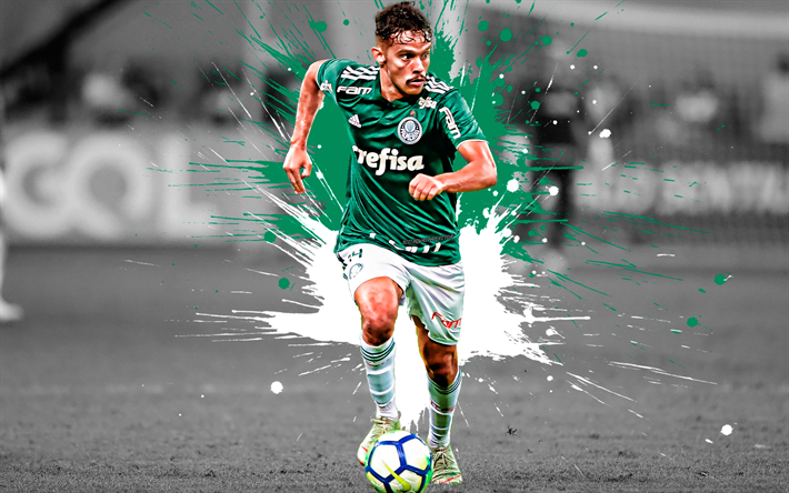 Gustavo Scarpa, Brazilian football player, midfielder, Palmeiras, Serie A, Brazil, green paint splashes, art, football, Sociedade Esportiva Palmeiras