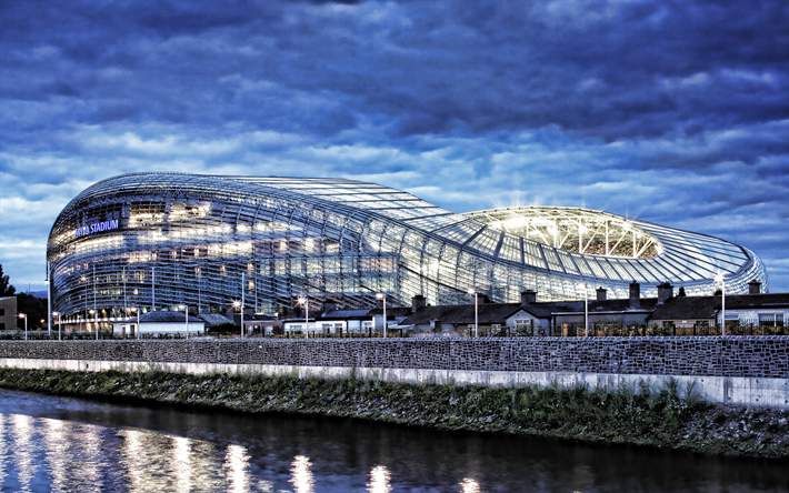 Aviva Stadium, 4k, football stadium, evening, Lansdowne Road, Staid Aviva, Dublin, Ireland